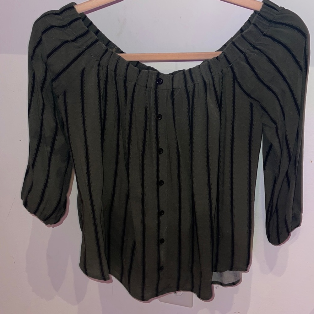 Off the shoulder deep green stripped top